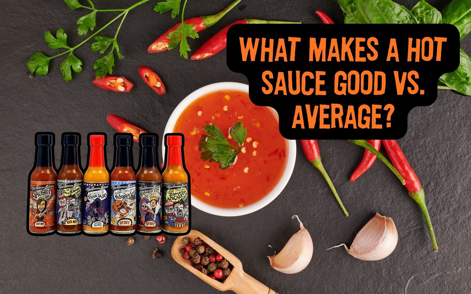 good vs average hot sauce with hot peppers on grey background