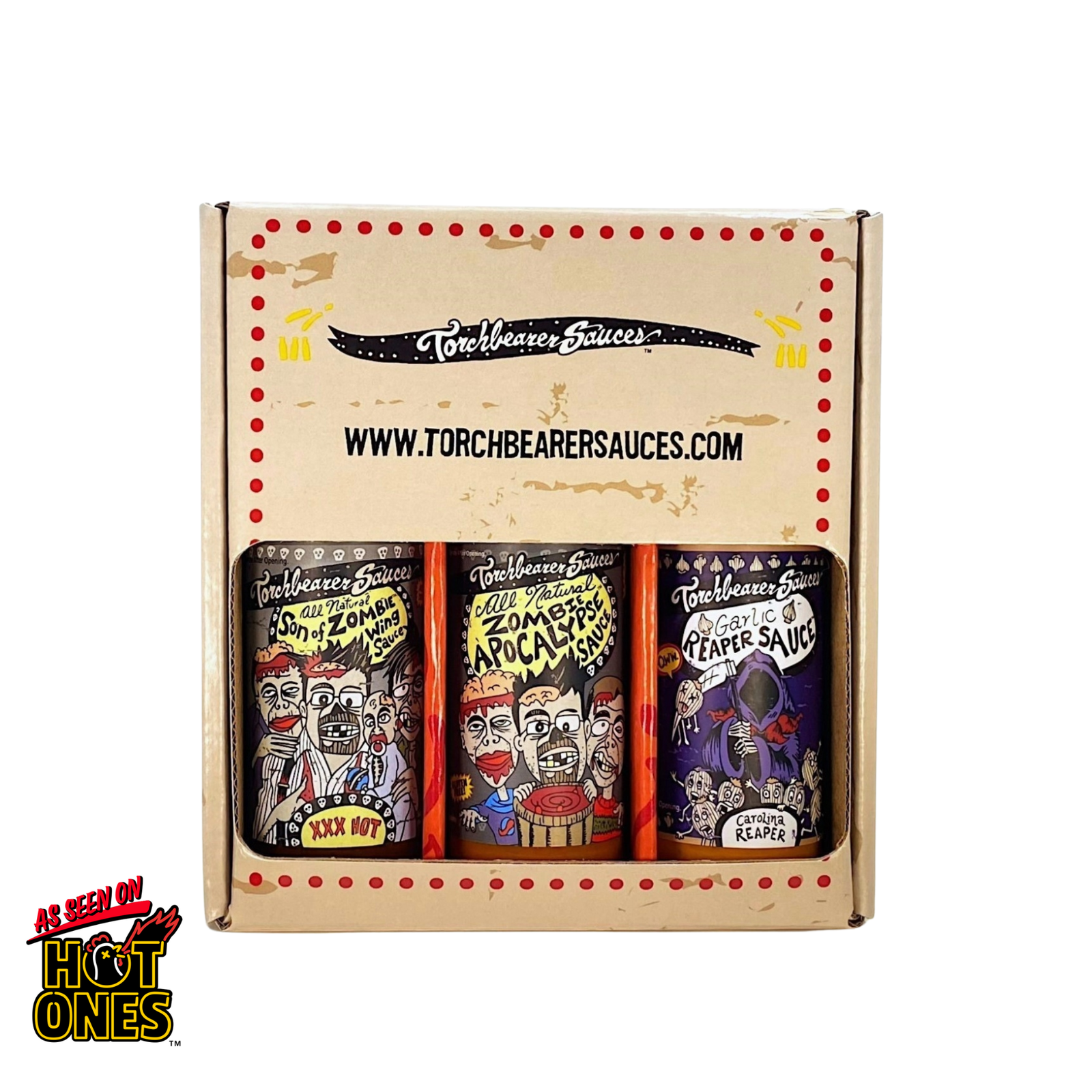 Box of Torchbearer Sauces with three hot sauce bottles inside, featuring the brand's logo and website.