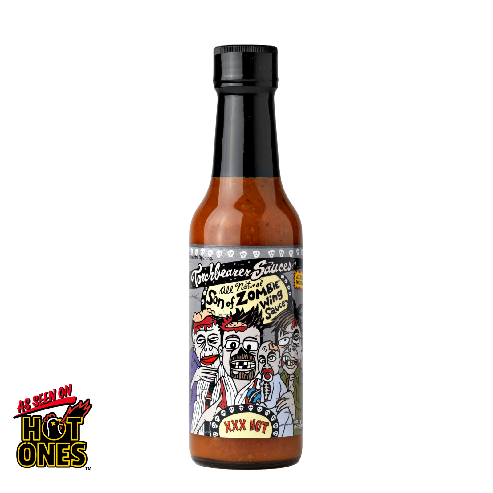 Hot sauce bottle with a colorful label featuring cartoon characters on a white background.