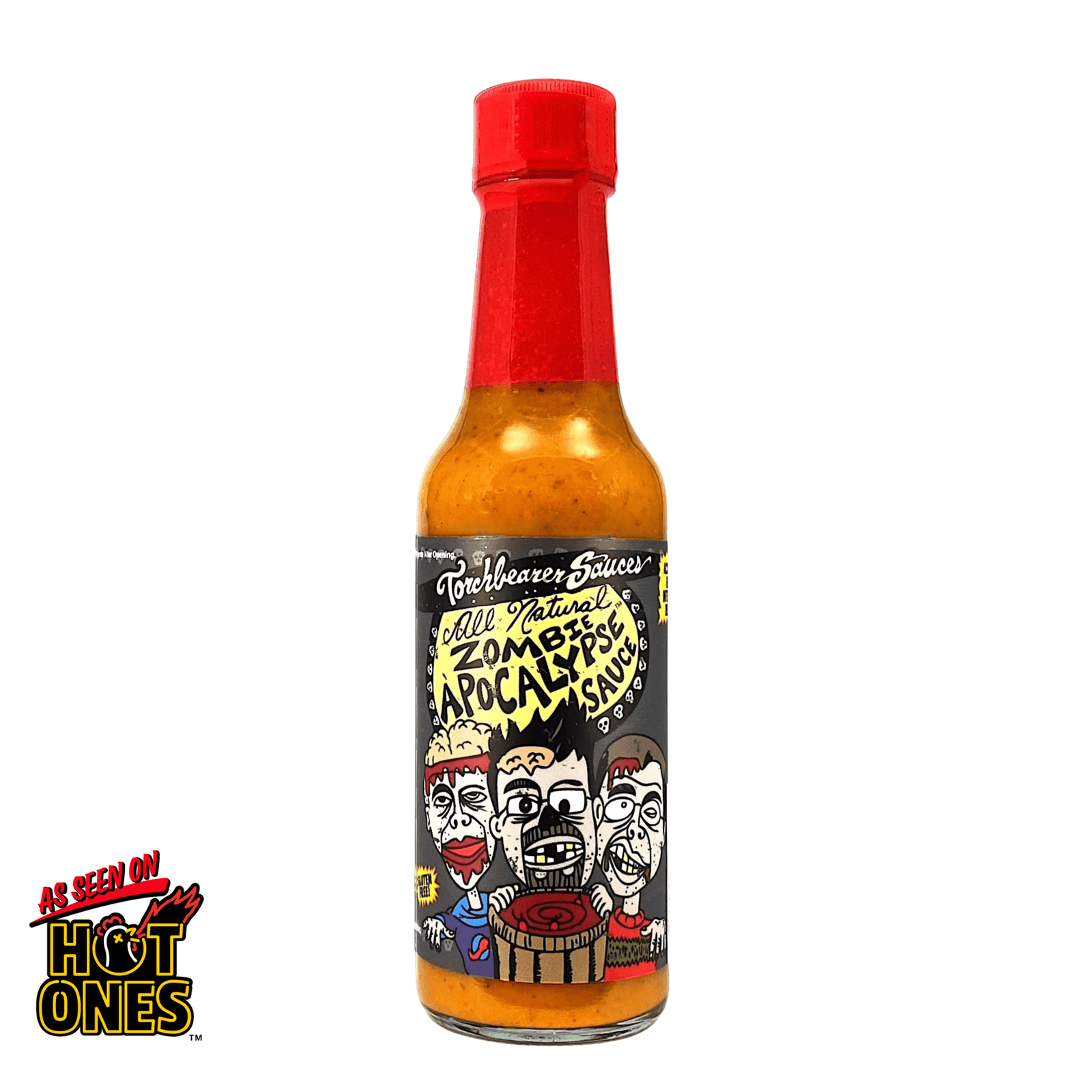 Hot sauce bottle with a colorful label featuring cartoon characters and text on a white background.