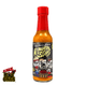 Hot sauce bottle with a colorful label featuring cartoon characters and text on a white background.