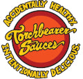 A circular logo for 'Tombstone Sauces' featuring a red and orange gradient circle with yellow script text reading 'Tombstone Sauces' and smaller text above and below in white.